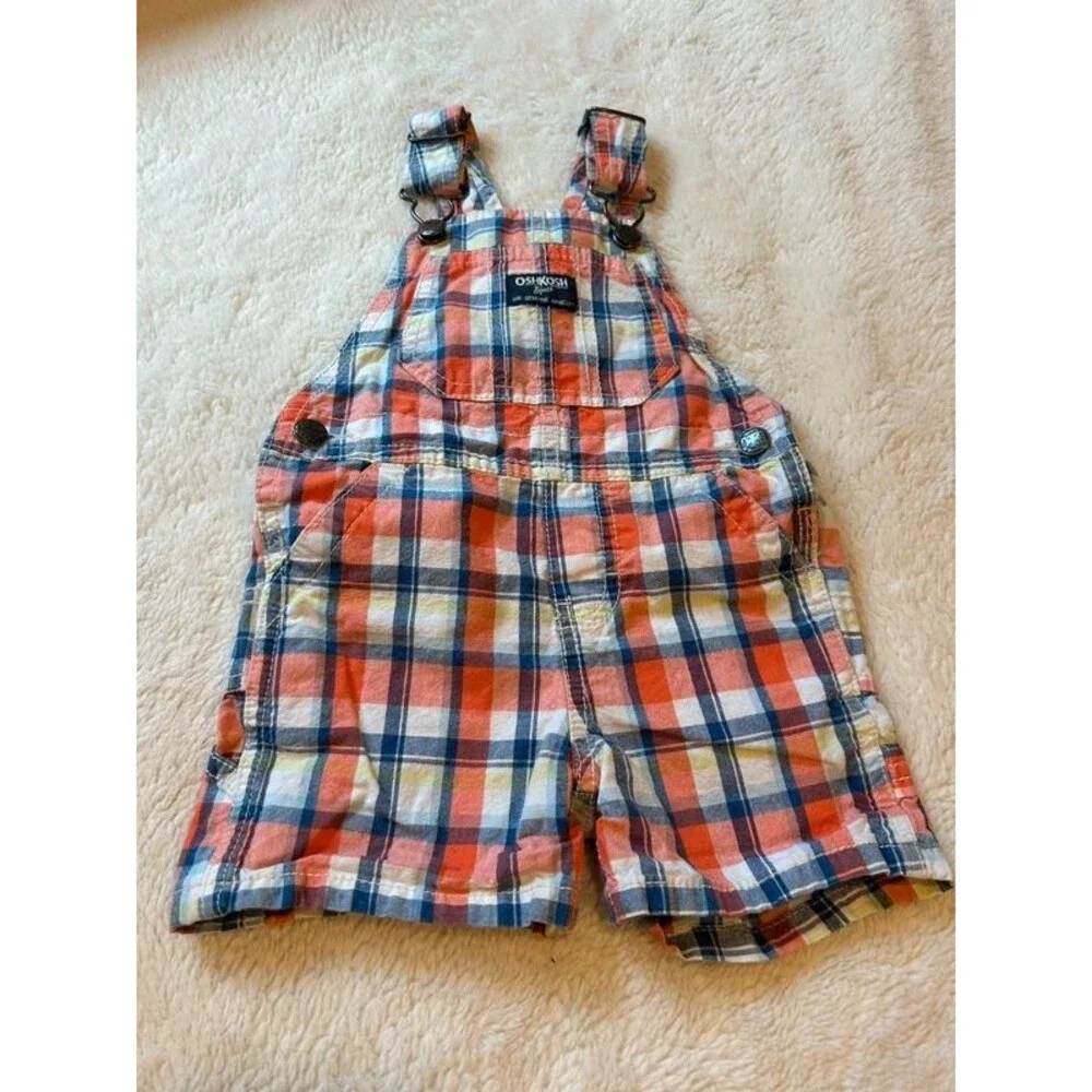 12M Boys Blue Orange Plaid OshKosh Snap Shorts Overalls